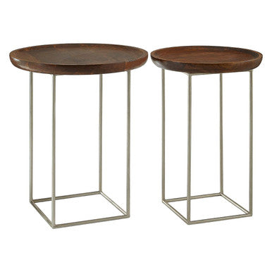 Two round side tables from crest set with dark wooden tops and slender iron base perfect for living rooms