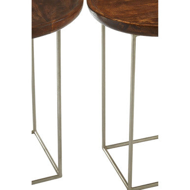 Two matching crest set side tables with wooden tops and iron base featuring round top and slender metallic legs