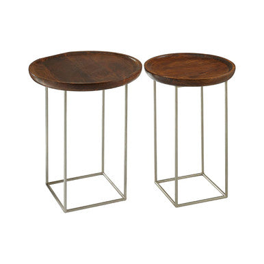 Set of two round wooden tops side tables with slender iron base legs from crest set for stylish living spaces
