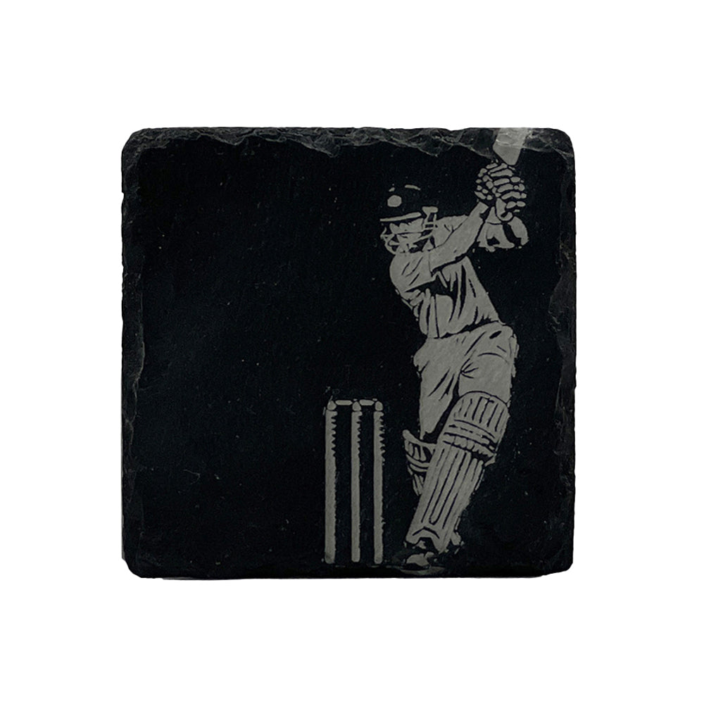 Black single slate coaster with carved cricket batsman silhouette perfect as a unique slate coaster gift