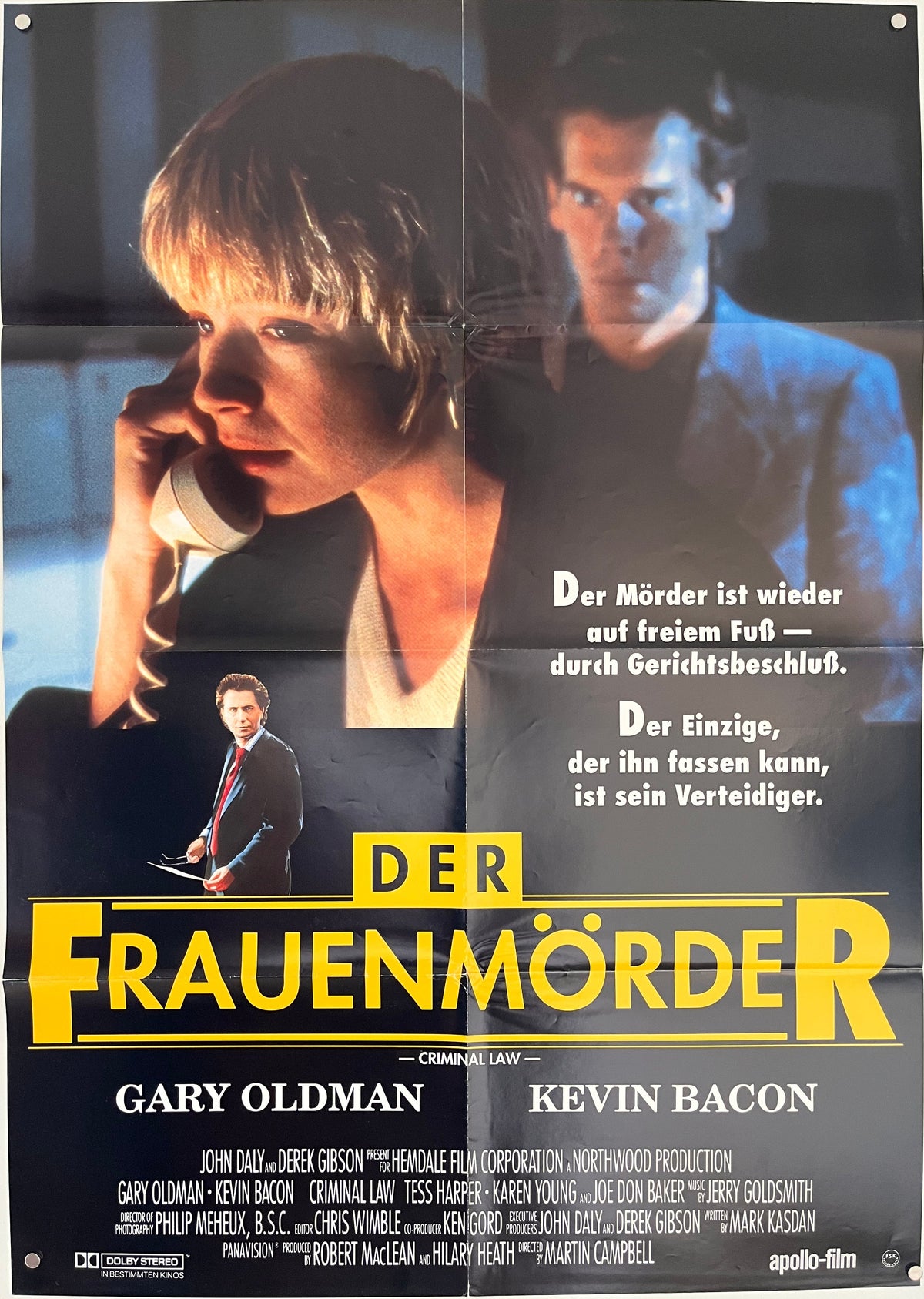 German a1 movie poster for criminal law der frauenmorder 1988 featuring gary oldman kevin bacon bold yellow text on dark background