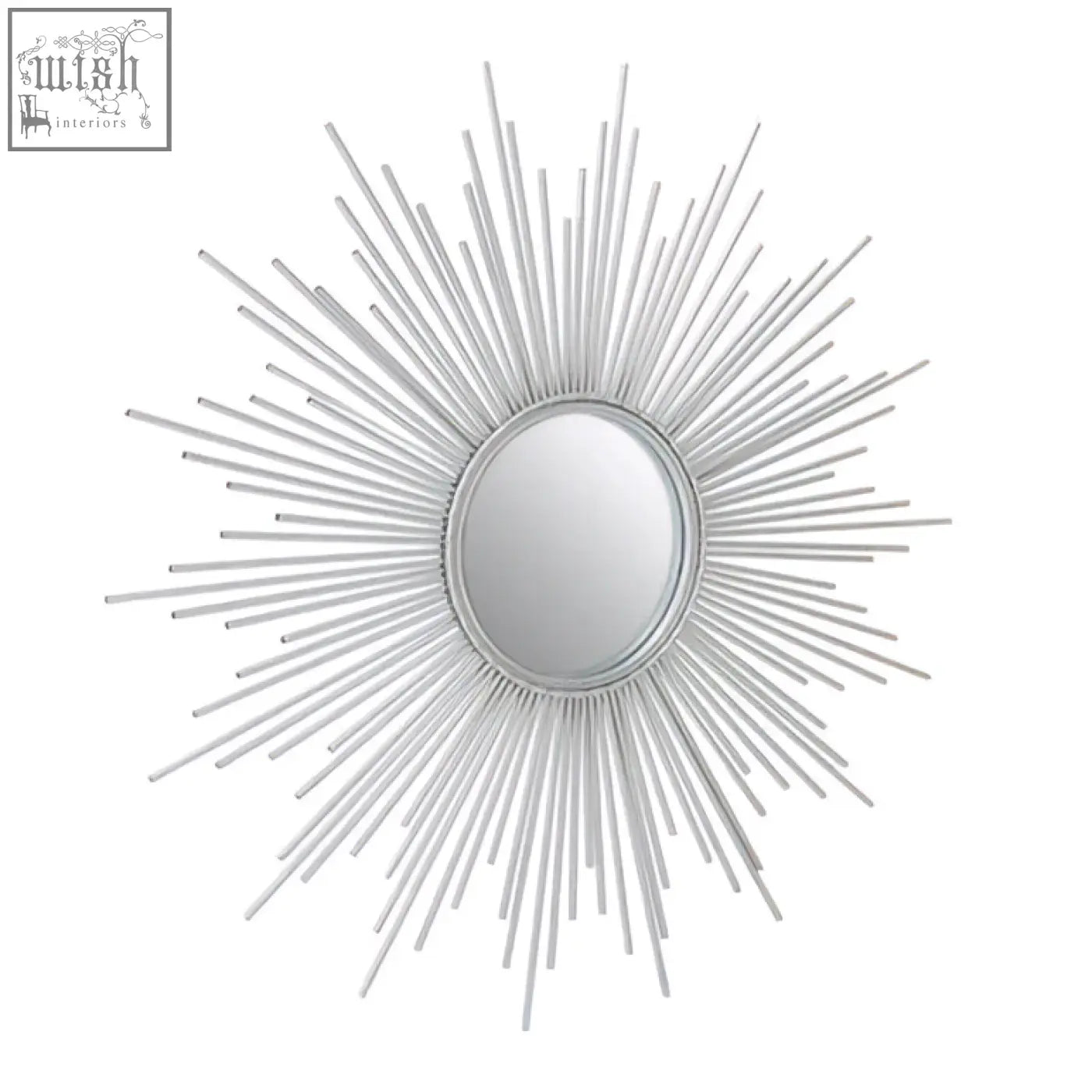 Silver sunburst wall mirror with cristal silver finish and slender metal rays framing an oval reflective surface