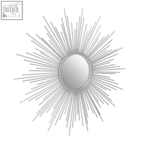 Silver finish wall mirror with slender metal rays and an oval center in cristal silver finish style