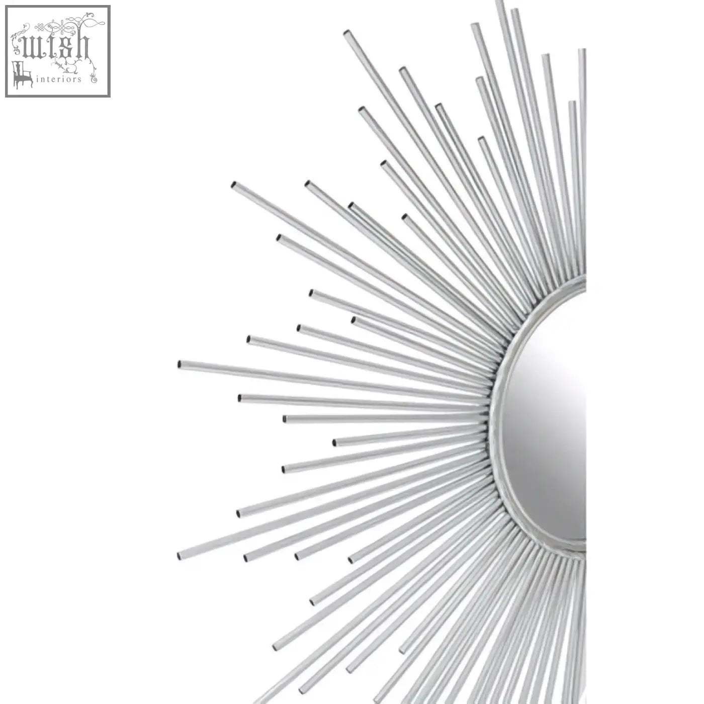 Cristal silver finish wall mirror with silver finish sunburst design and slender metal rods framing the reflective surface