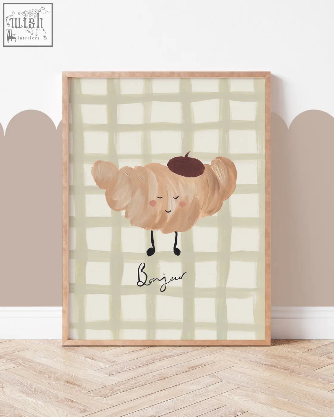 A beige croissant food art print with a brown beret and musical note legs framed in light wood on a green check background