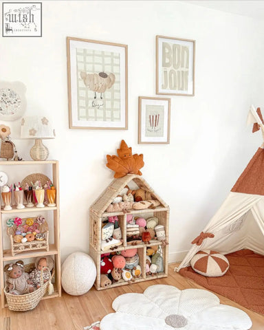 Woven rattan toy house with plush orange maple leaf and stuffed animals against green check background food art print