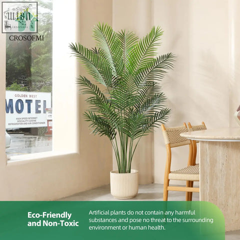 Tall lush green crosofmi artificial areca palm tree with detailed fronds in textured off-white ceramic pot for indoor use