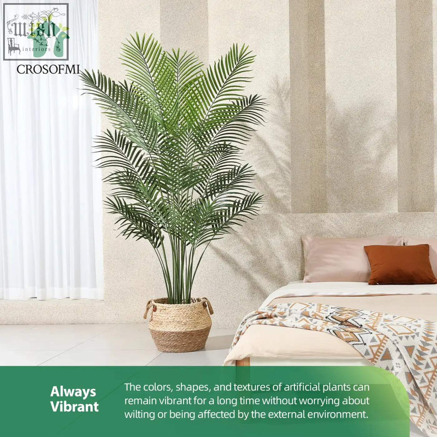 Green crosofmi artificial areca palm tree in a woven wicker pot perfect for indoor outdoor decor