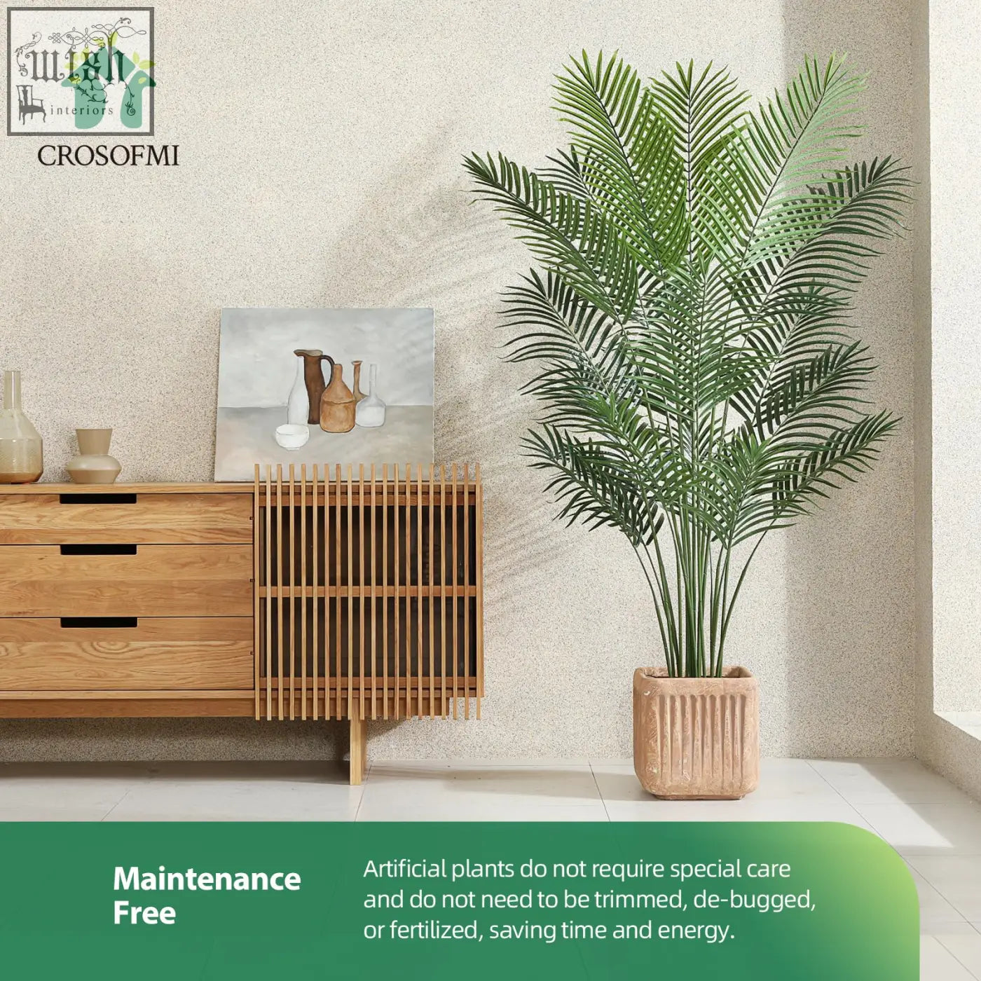 Tall green crosofmi artificial areca palm tree in textured terracotta pot perfect for indoor outdoor decor