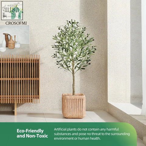 Crosofmi artificial olive tree 120cm tall with lush green leaves and dark olives in a textured terracotta pot artificial plant