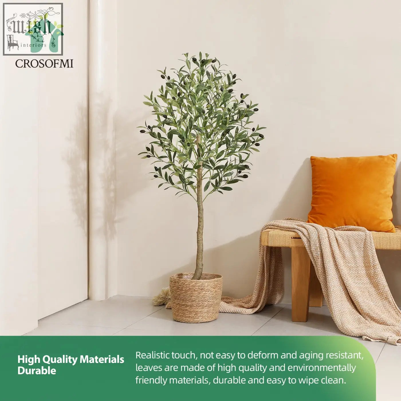 Realistic artificial olive tree with green leaves and dark olives in woven natural fiber pot for indoor decor