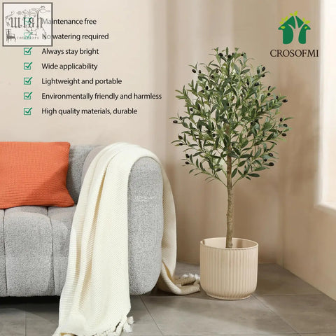 Cream-colored ribbed plastic planter holding 120cm artificial olive tree with green leaves and dark olives for indoors