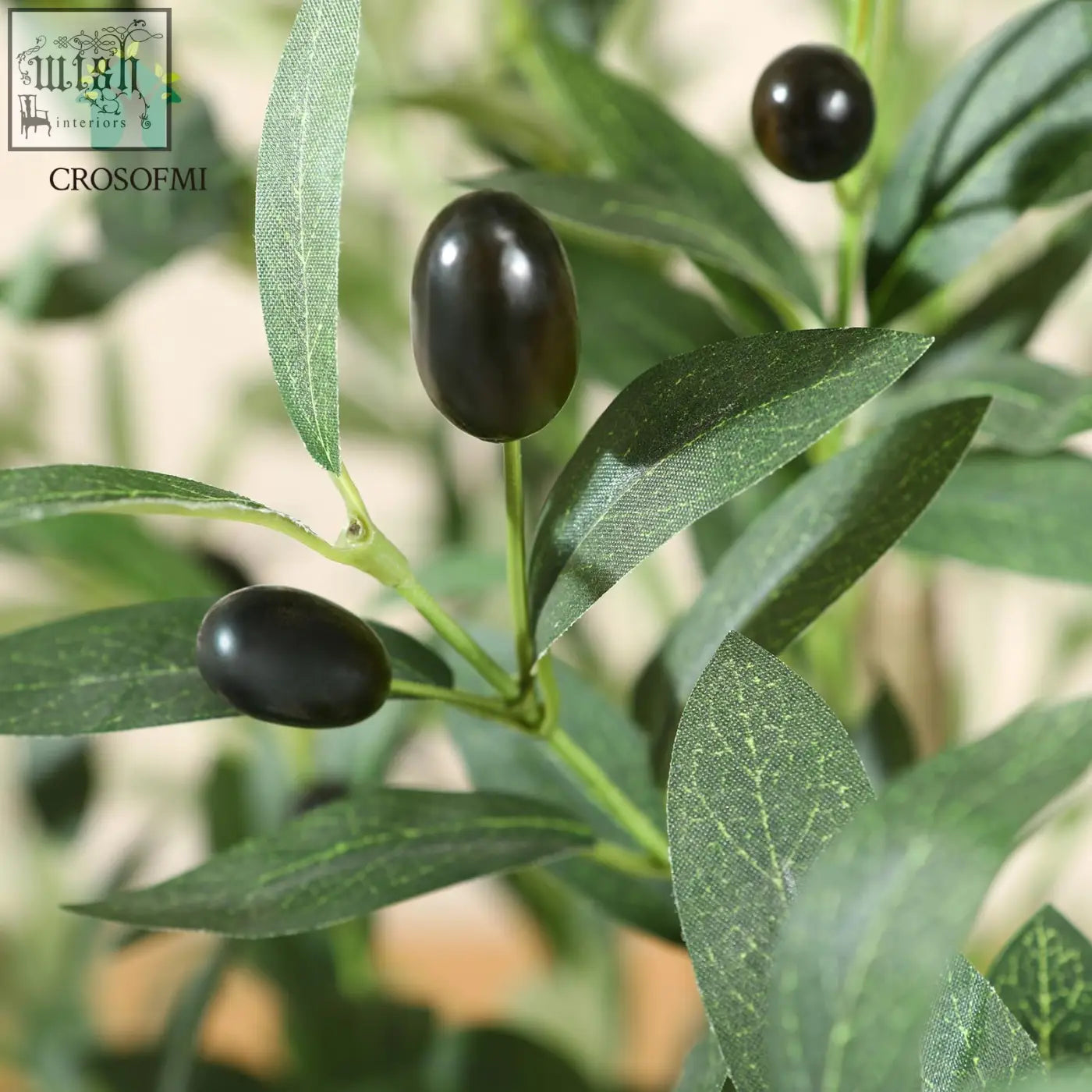 Artificial olive branch with glossy black olives and textured green leaves from a 120cm artificial olive tree plant