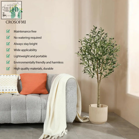 Crosofmi artificial olive tree 150cm tall with green leaves and dark olives in ribbed cream pot perfect indoor plant