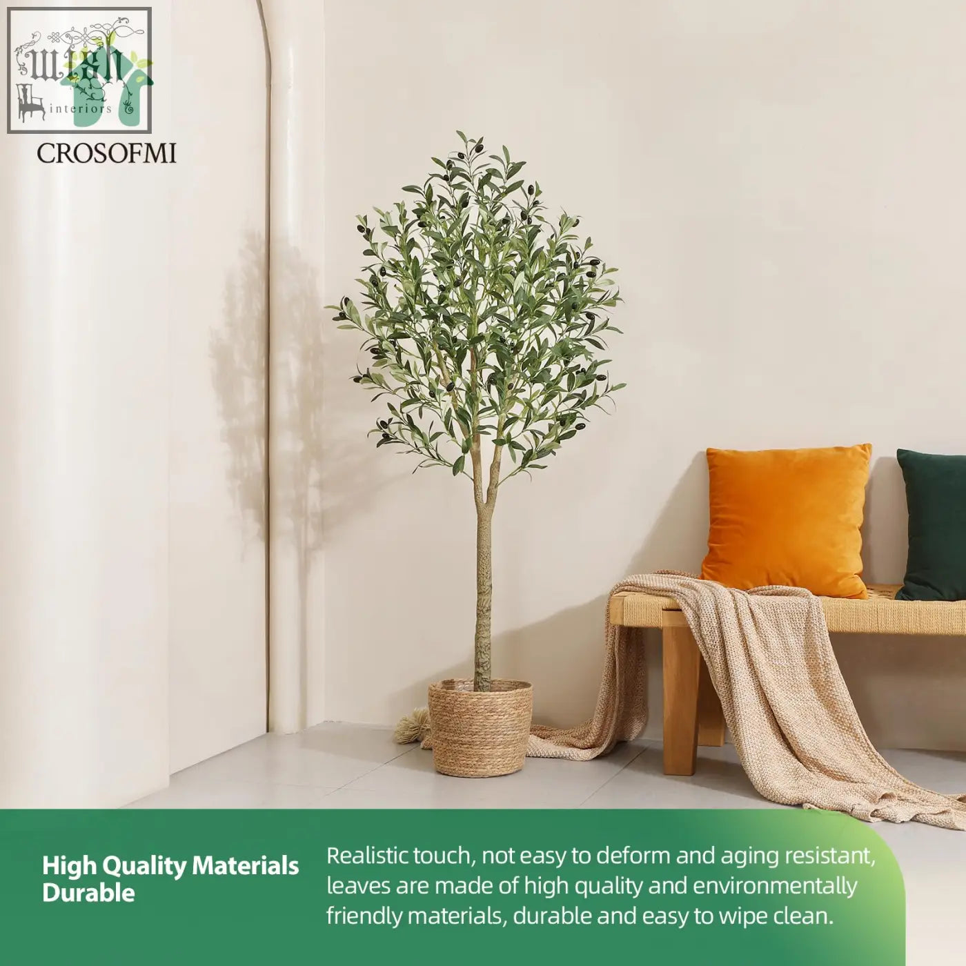 Green artificial olive tree 150cm tall in a woven wicker pot perfect as an indoor artificial plant decor