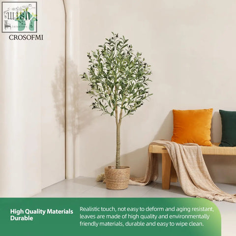Green artificial olive tree 150cm tall in a woven wicker pot perfect as an indoor artificial plant decor