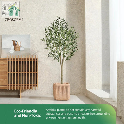 Crosofmi artificial olive tree 150cm tall with lush green leaves and black olives in textured terracotta pot indoors artificial plant