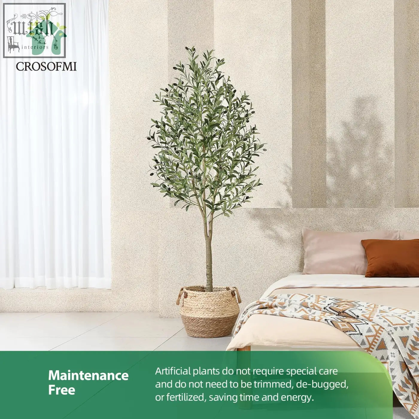 A tall artificial olive tree with dense green foliage and dark berries in a woven wicker pot for indoor decor