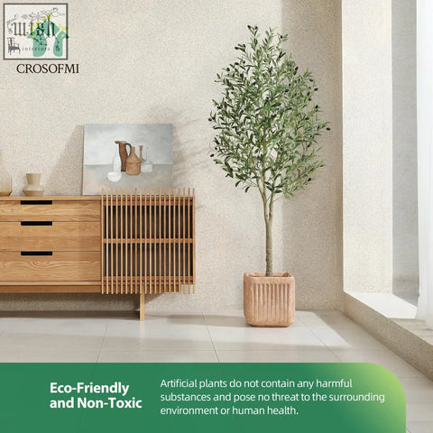 Tall artificial olive tree with lush green leaves dark olives in textured terracotta pot perfect for indoors