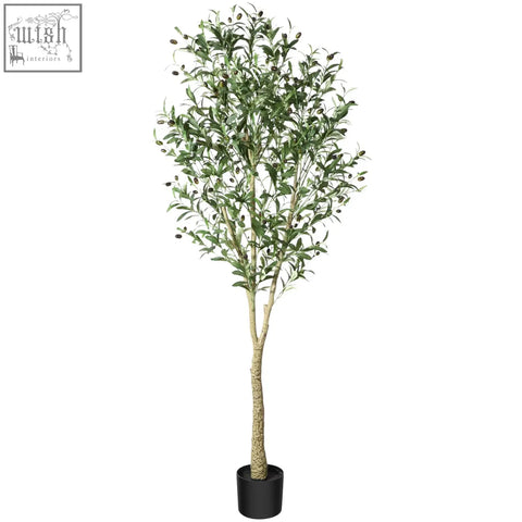 A tall artificial olive tree with lush green leaves and dark olives in a sleek black pot for indoor decor