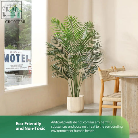 Green artificial areca palm plant in beige ribbed pot from crosofmi artificial plants for indoor outdoor use