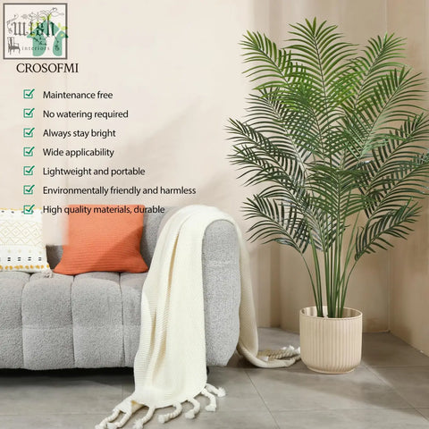 Tall artificial green areca palm in a beige ribbed plastic pot by crosofmi artificial plants for indoor outdoor use