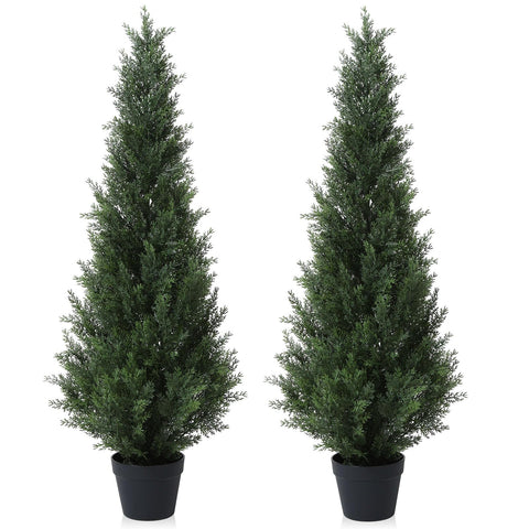 Two artificial cedar trees in black plastic pots perfect for outdoor garden or porch decoration