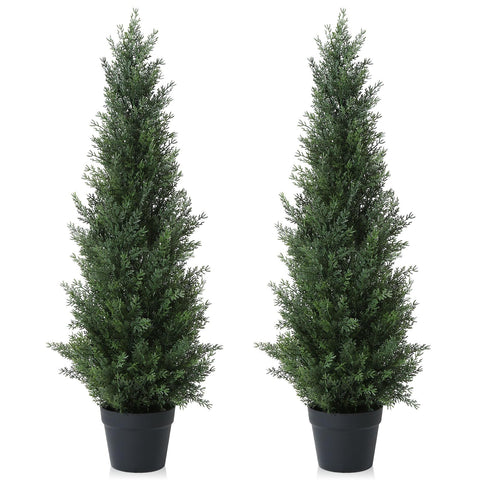 Two 95 cm artificial cedar trees in sleek black pots perfect for outdoor garden or porch decoration