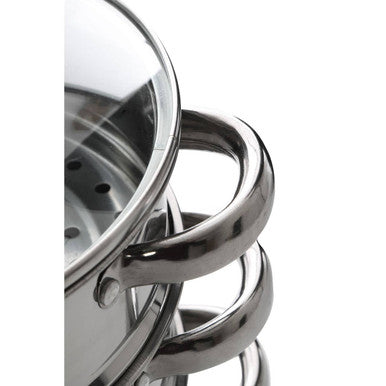Crosse 3 tier stainless steel steamer with glass lid featuring curved handles and perforated tier stainless steel basket