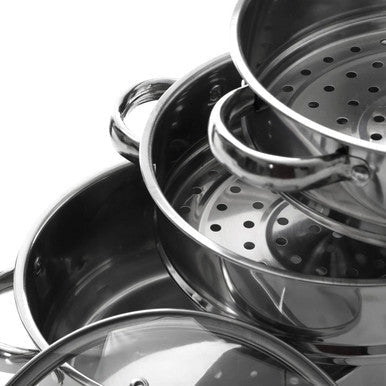 Crosse 3 tier stainless steel steamer with perforated bowls, handles, and glass lid for versatile cooking