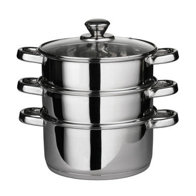 Crosse 3 tier stainless steel steamer pot with clear glass lid and rounded handles for easy steaming