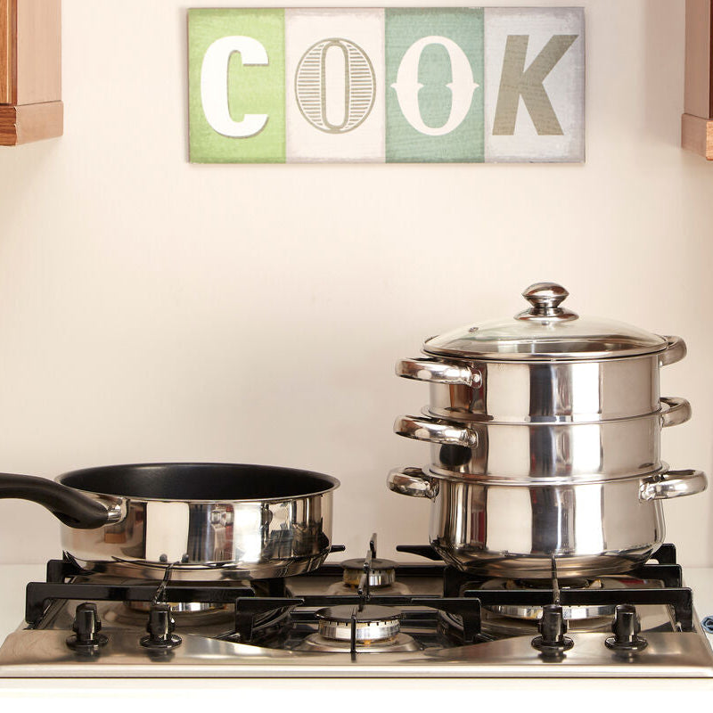 Stacked crosse 3 tier stainless steel steamer with glass lid and handles for easy steaming and healthy cooking