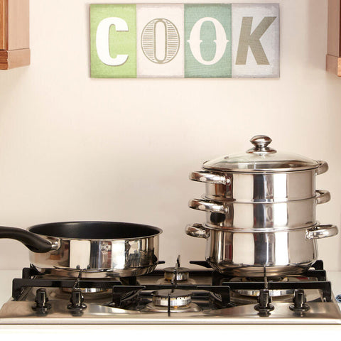 Stacked crosse 3 tier stainless steel steamer with glass lid and handles for easy steaming and healthy cooking