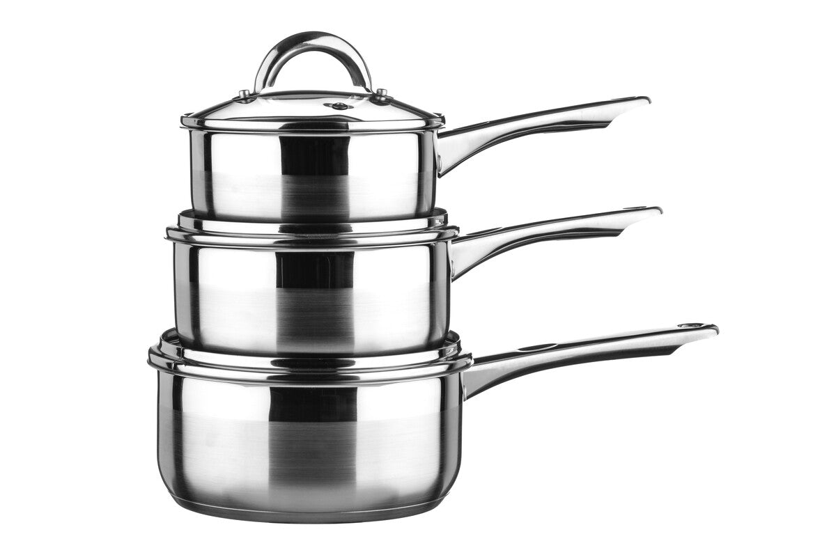Crosse set of 3 stainless steel saucepans with lids nested together in a sleek steel saucepan set design