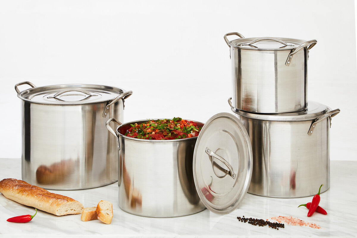 Crosse set of 4 classic silver stainless steel stock pots with lids one filled with colorful salsa mixture