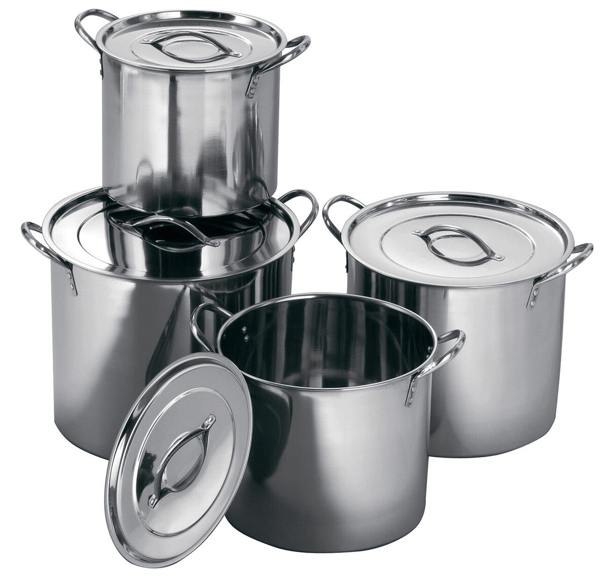 Crosse set of 4 classic silver stainless steel stock pots with lids featuring sleek finish and sturdy handles