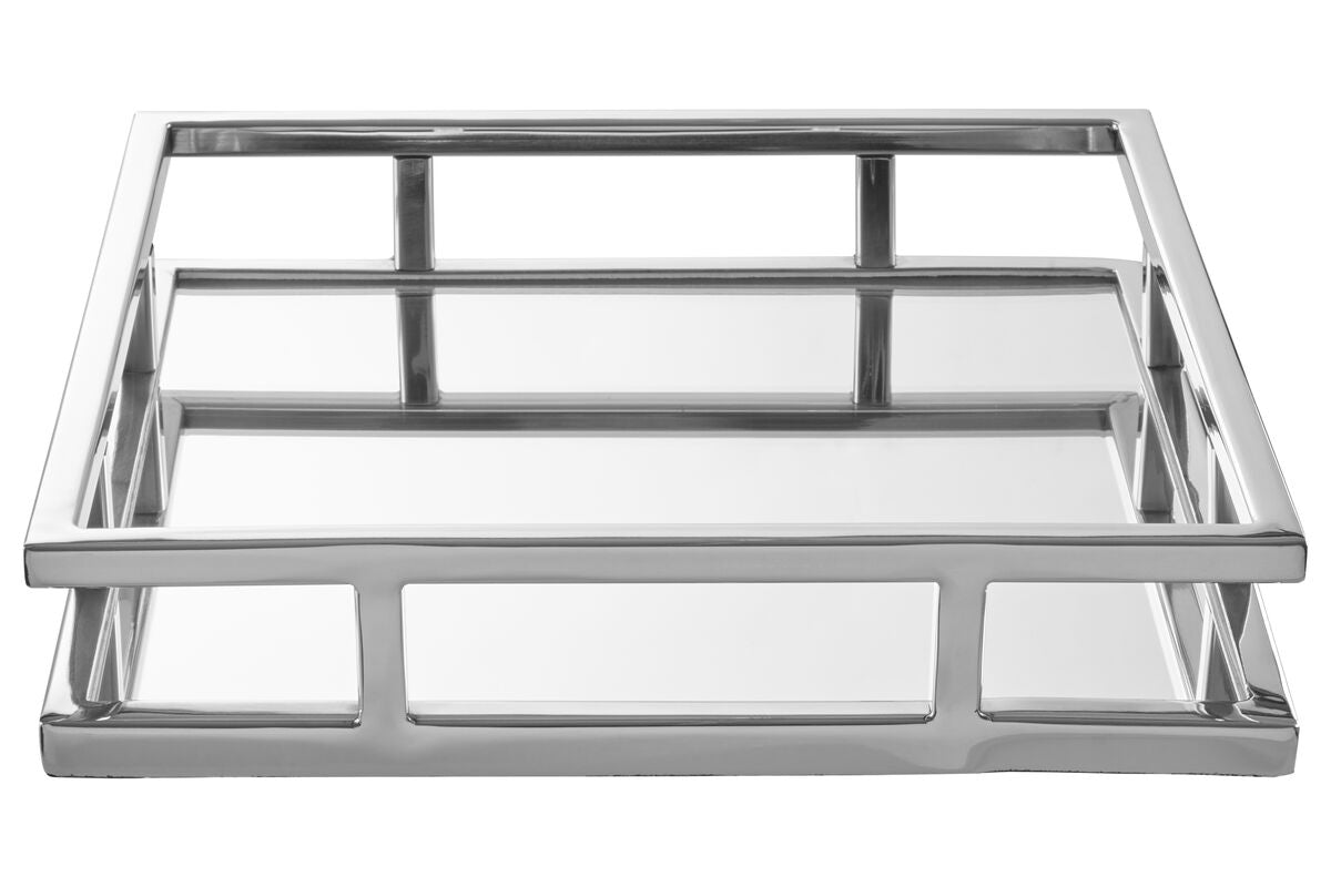 Cruzar square mirrored silver tray with chrome double-tiered geometric frame and reflective mirrored silver surfaces