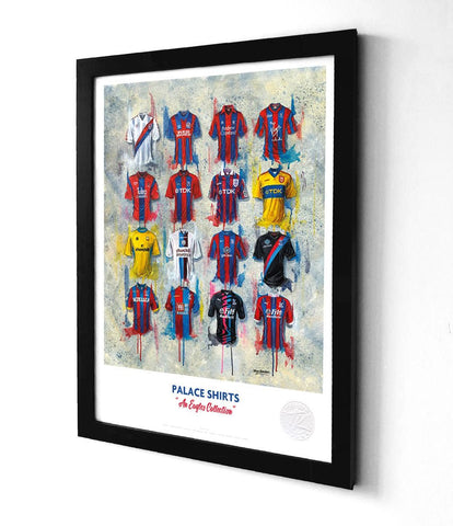 Black-framed crystal palace a3 framed print featuring a vibrant collage of historic eagles shirts in red blue yellow and white
