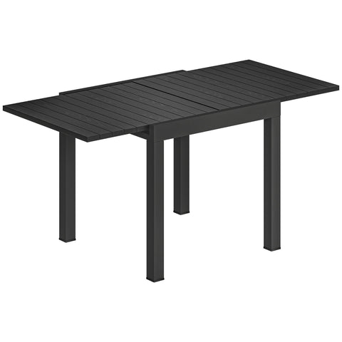 Outsunny Extending Garden Table for 4-6, Aluminium Outdoor Dining Table with Faux Wood Slatted Top, Black