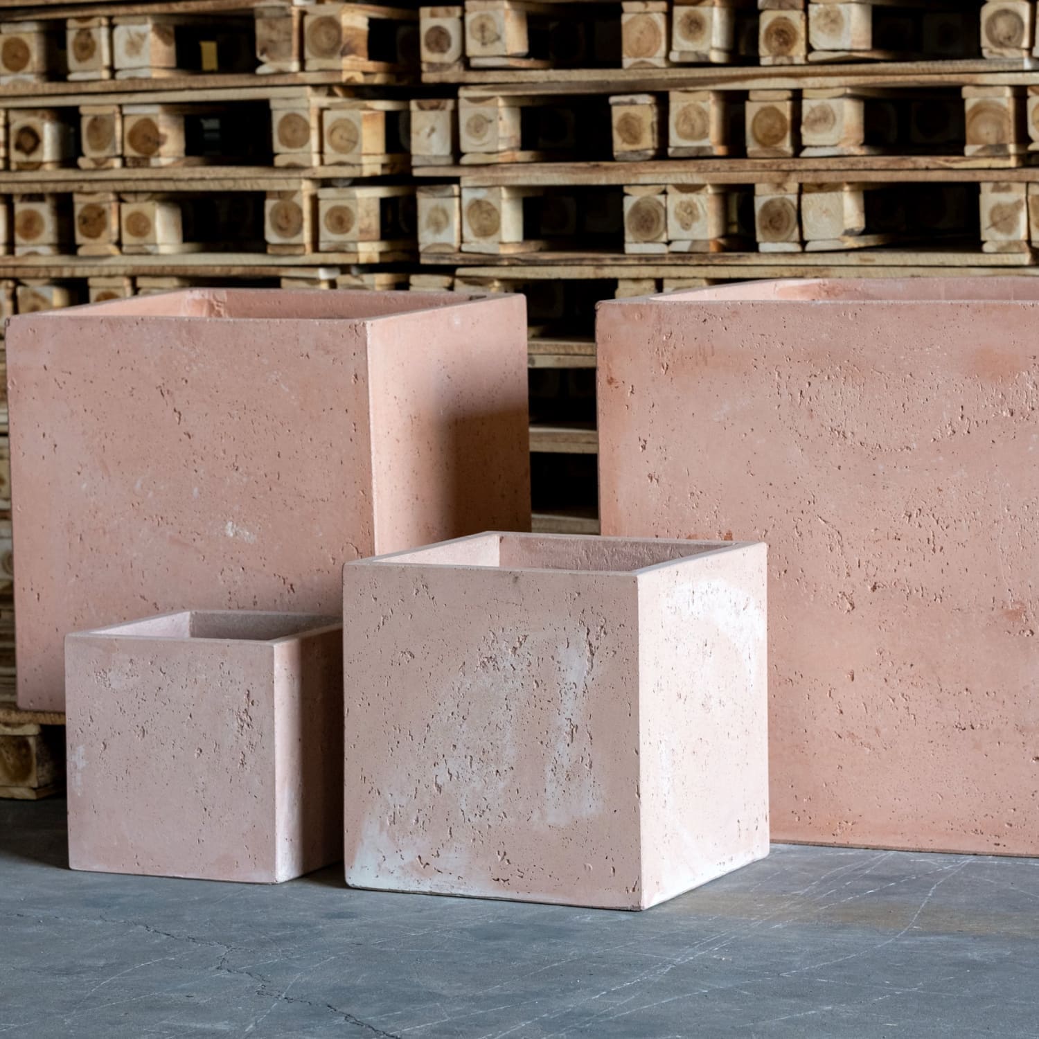 Pink terracotta 20cm square blushstone concrete plant pot with rustic finish perfect for compact greenery on garden tables