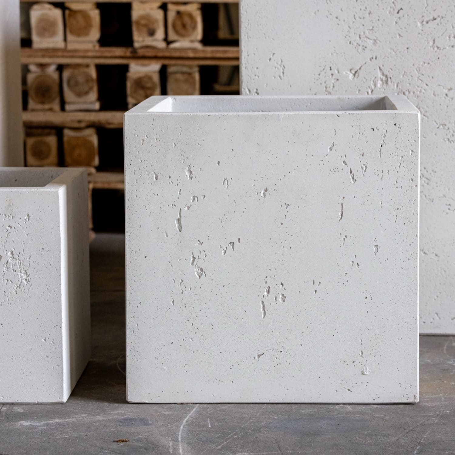 White mist cubrosa plant pot 20cm x 20cm square concrete planter with textured rough surface and clean edges