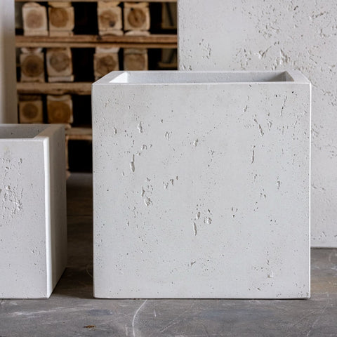 White mist cubrosa plant pot 20cm x 20cm square concrete planter with textured rough surface and clean edges
