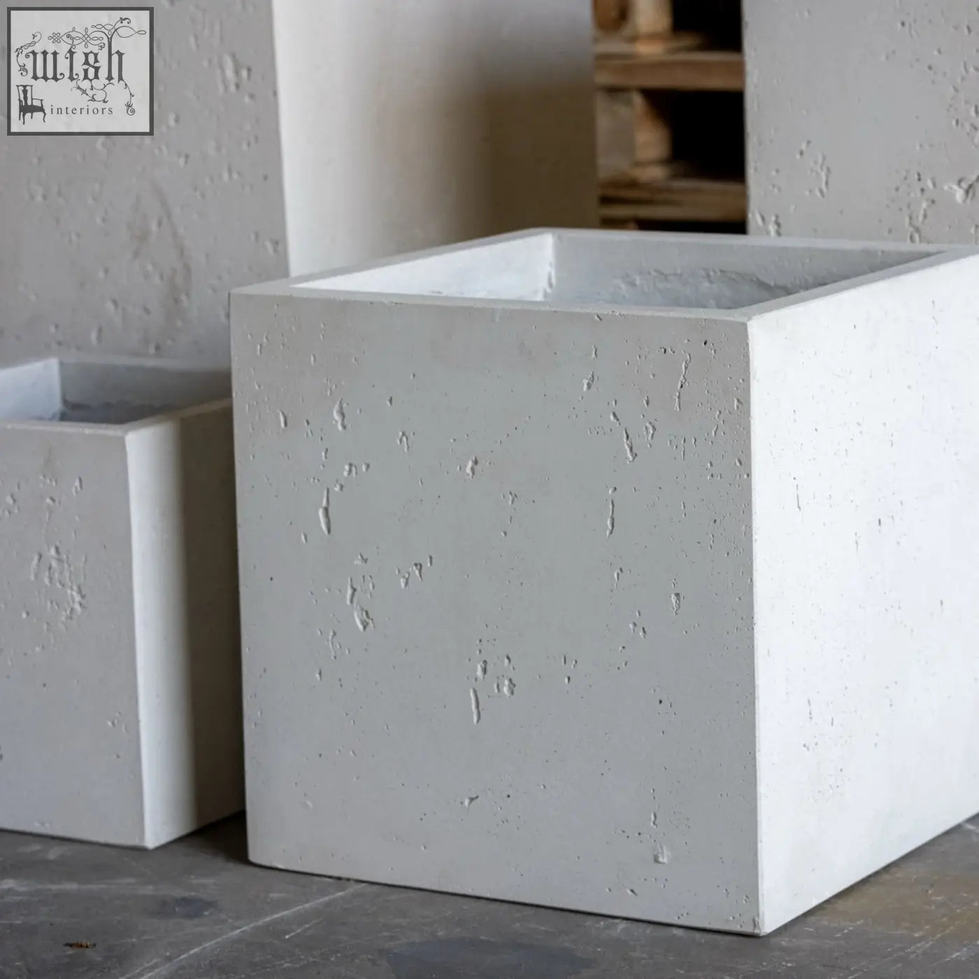 White mist cubrosa large 55cm square concrete planter made of pigmented cement stone with a textured surface