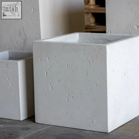White mist cubrosa large 55cm square concrete planter made of pigmented cement stone with a textured surface
