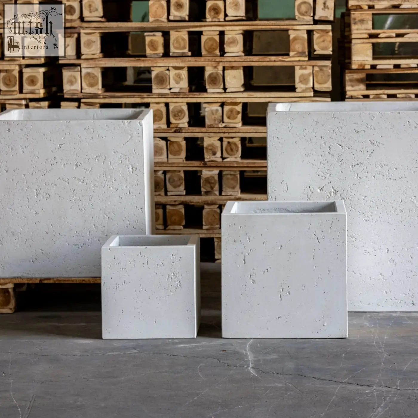 White mist 55cm large square concrete planter made from textured pigmented cement stone for modern plant pots