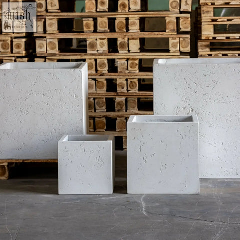 White mist 55cm large square concrete planter made from textured pigmented cement stone for modern plant pots