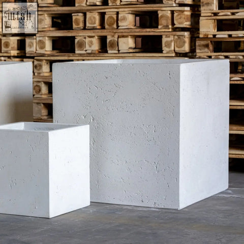 White mist 55cm large square concrete planter made from pigmented cement stone with a textured, modern design