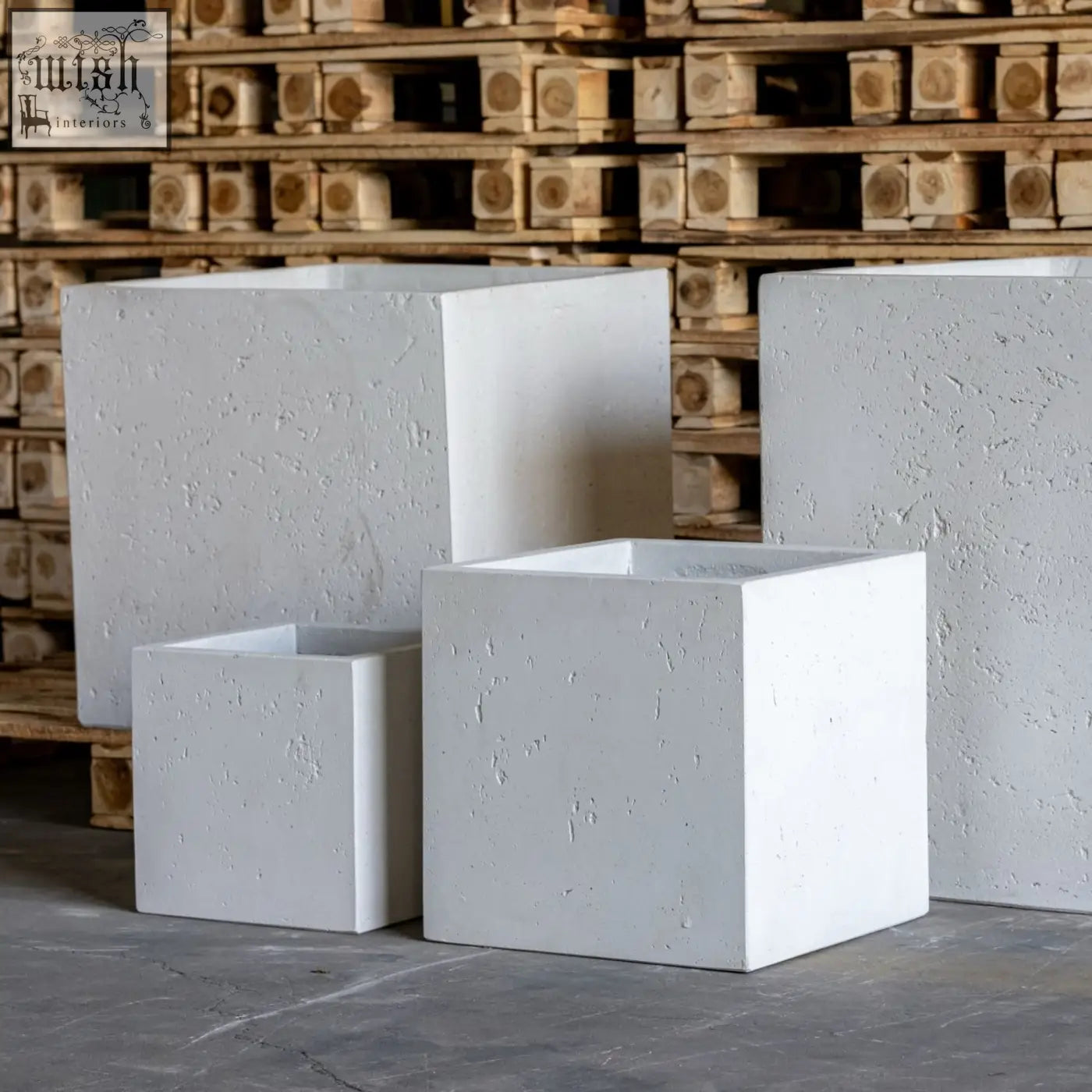 White mist cubrosa 55cm large square concrete planter made of pigmented cement stone with modern textured design
