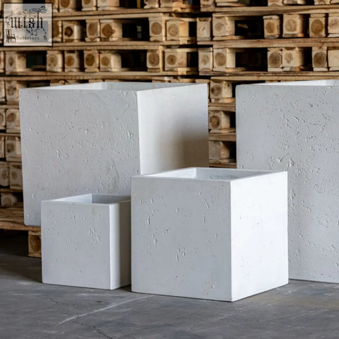 White mist cubrosa 55cm large square concrete planter made of pigmented cement stone with modern textured design