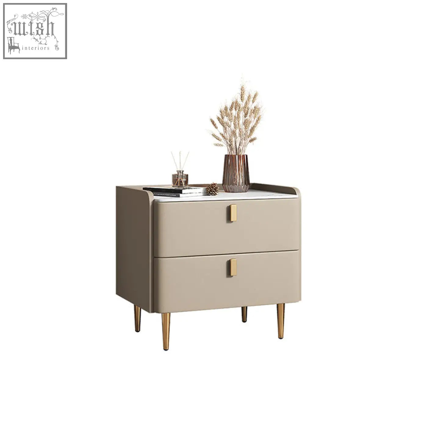 Beige cunha bedside table with two drawers gold-tone handles and legs topped with white marble surface